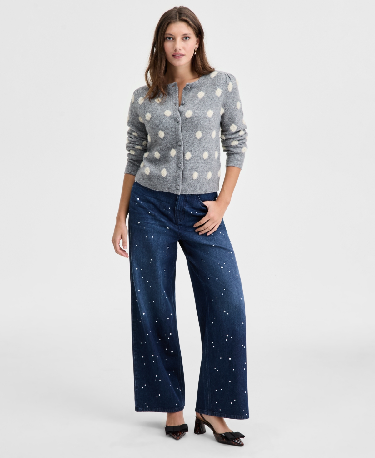 On 34th Women's Long-sleeve Eyelash Dot Cardigan Sweater, Macy's Exclusive In Gray