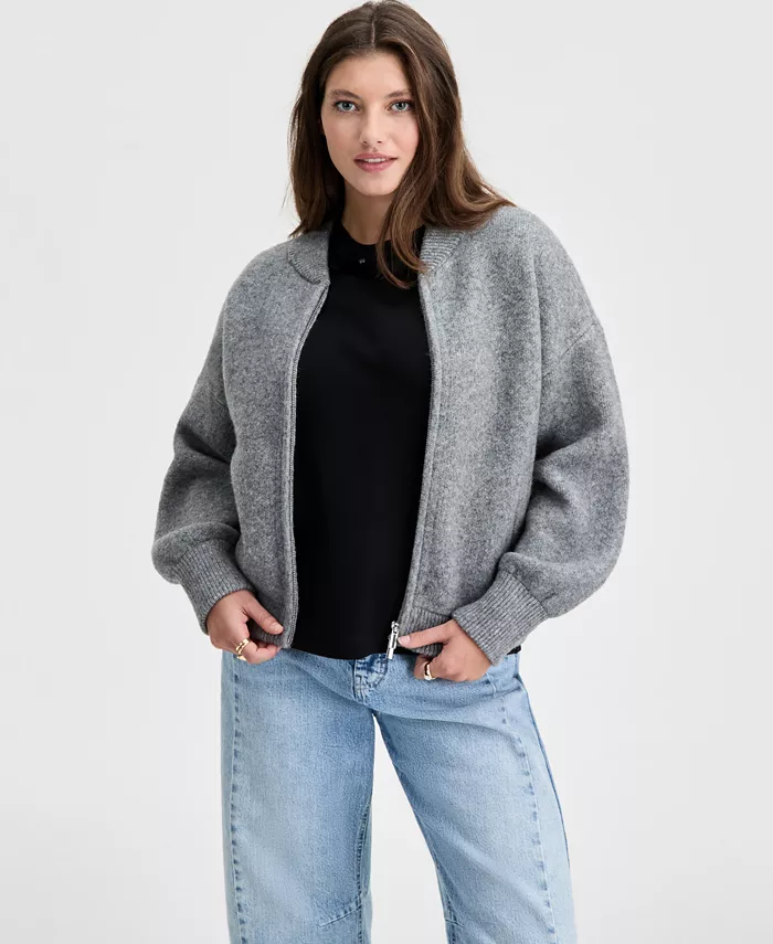 Women's Sweater-Knit Bomber Jacket - thumbnail 7