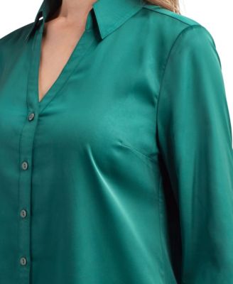Women's Stretch Satin Button-Up 3/4-Sleeve Top
