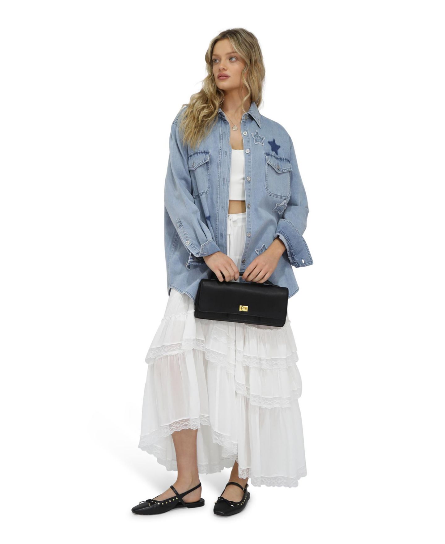 Женская рубашка Belle & Bloom Stargazer Patch Detail Denim Shirt, цвет: Стоунвош — фото 5