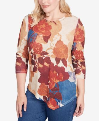 Petite Sunset Canyon Dramatic Abstract Floral Asymmetrical Top
