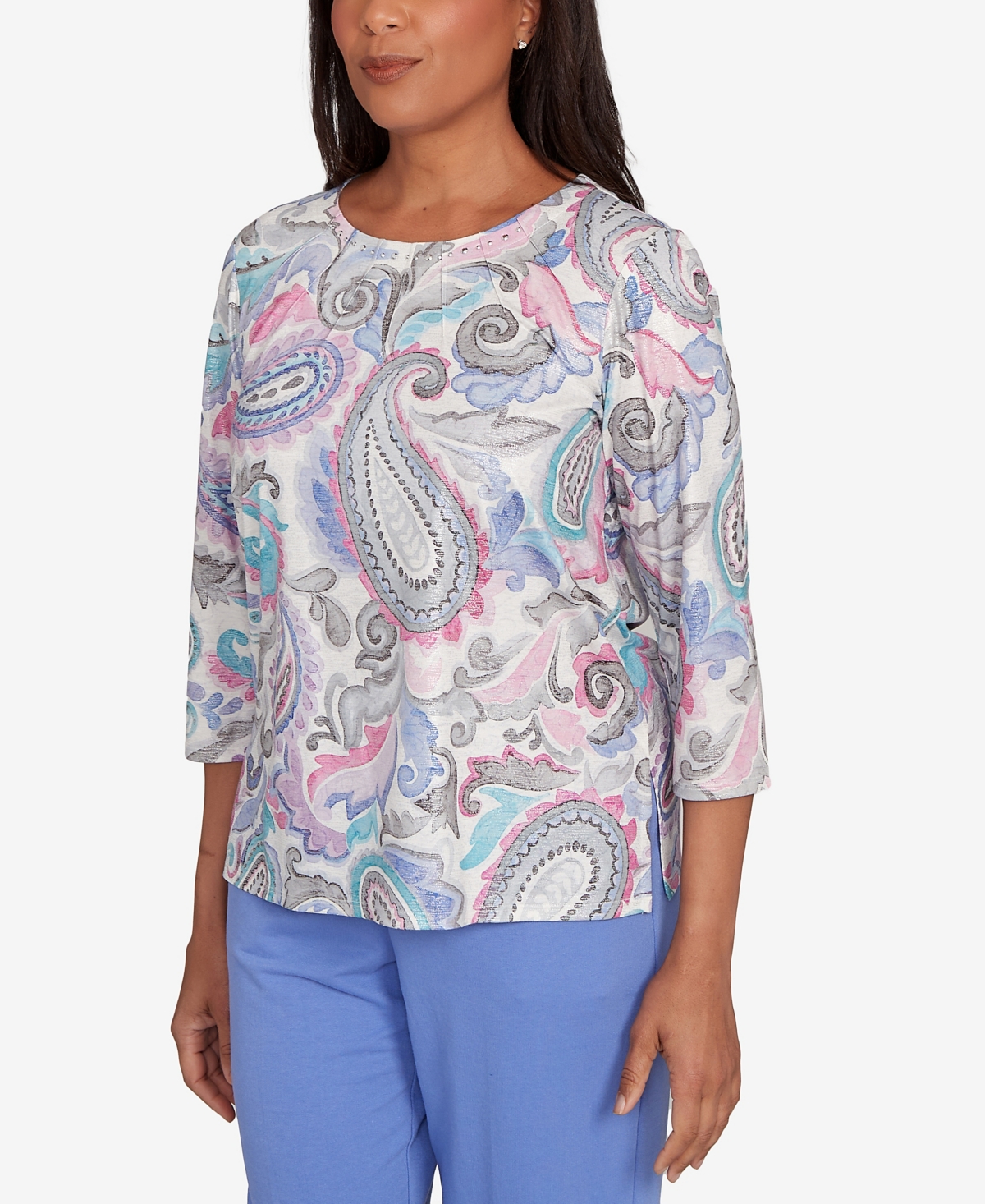 Alfred Dunner Petite Casual Vibe Pleated Paisley Crew Neck Top In Pink