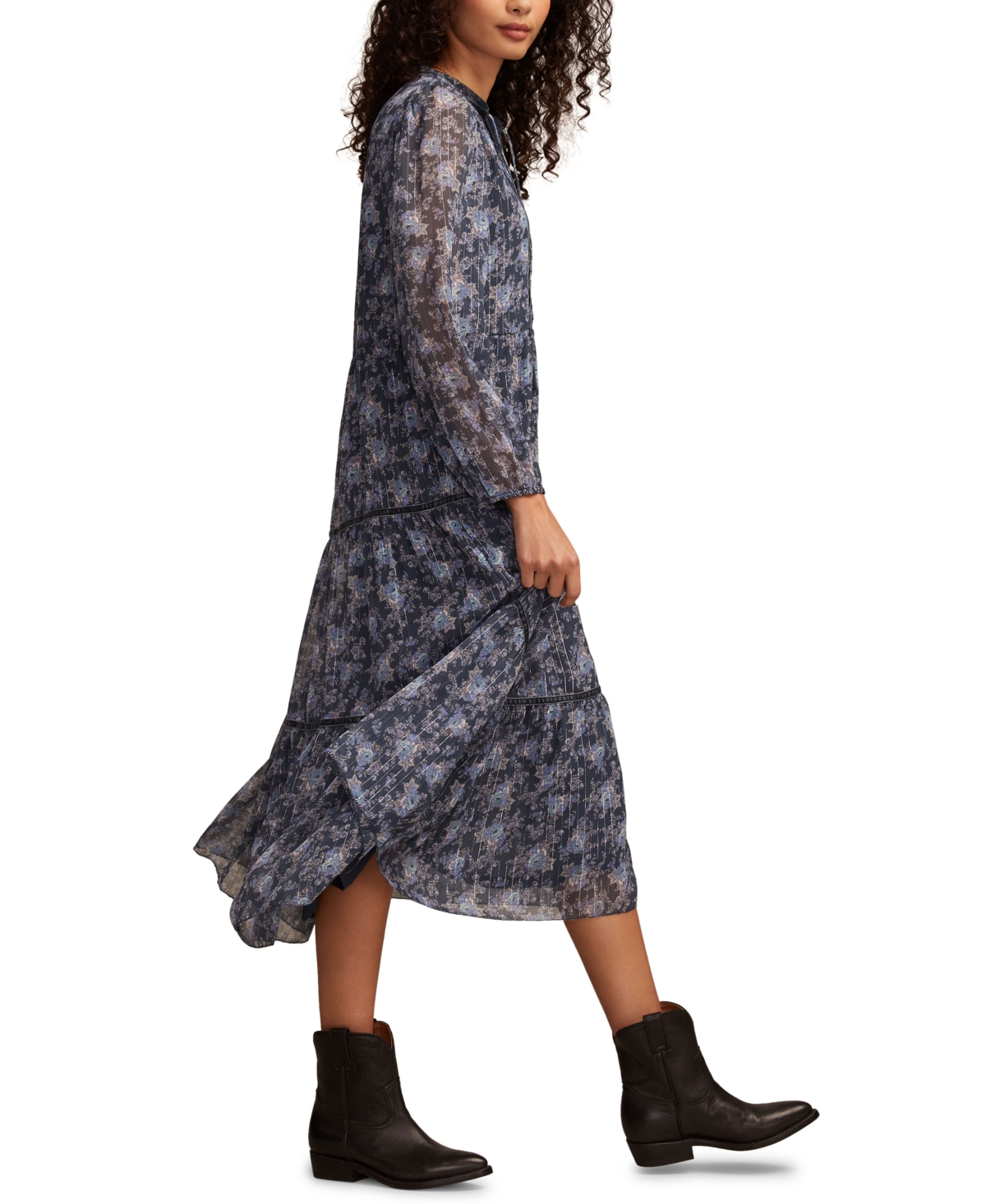 Lucky Brand Floral Print Long Sleeve Maxi Dress In Blue