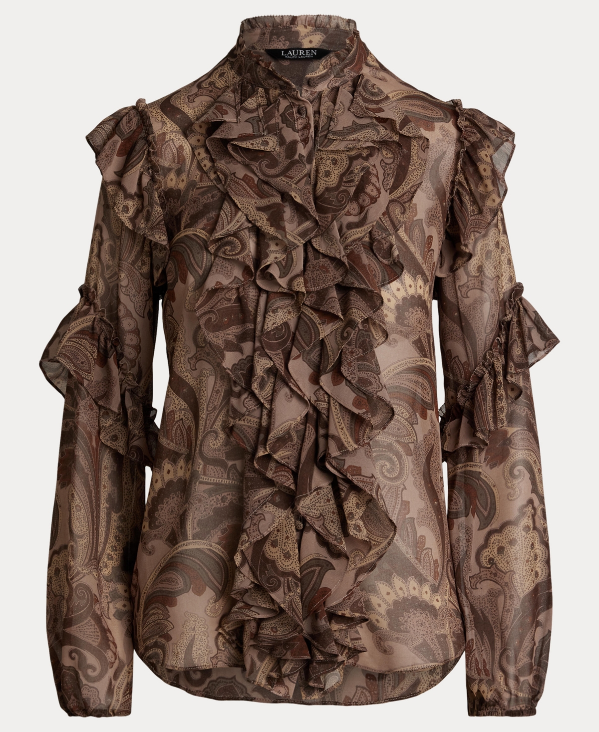 Ralph Lauren Paisley Ruffle-trim Chiffon Blouse In Brown