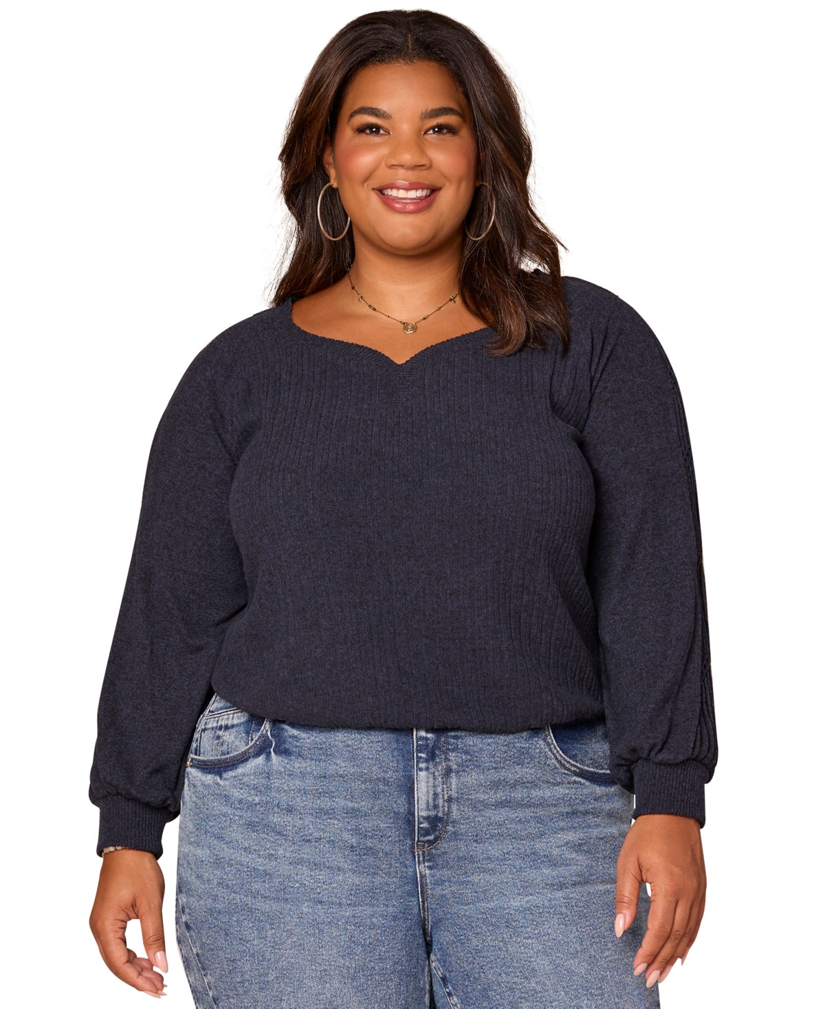 Democracy Plus Size Long Sleeve Cased Hem Knit Top In Blue