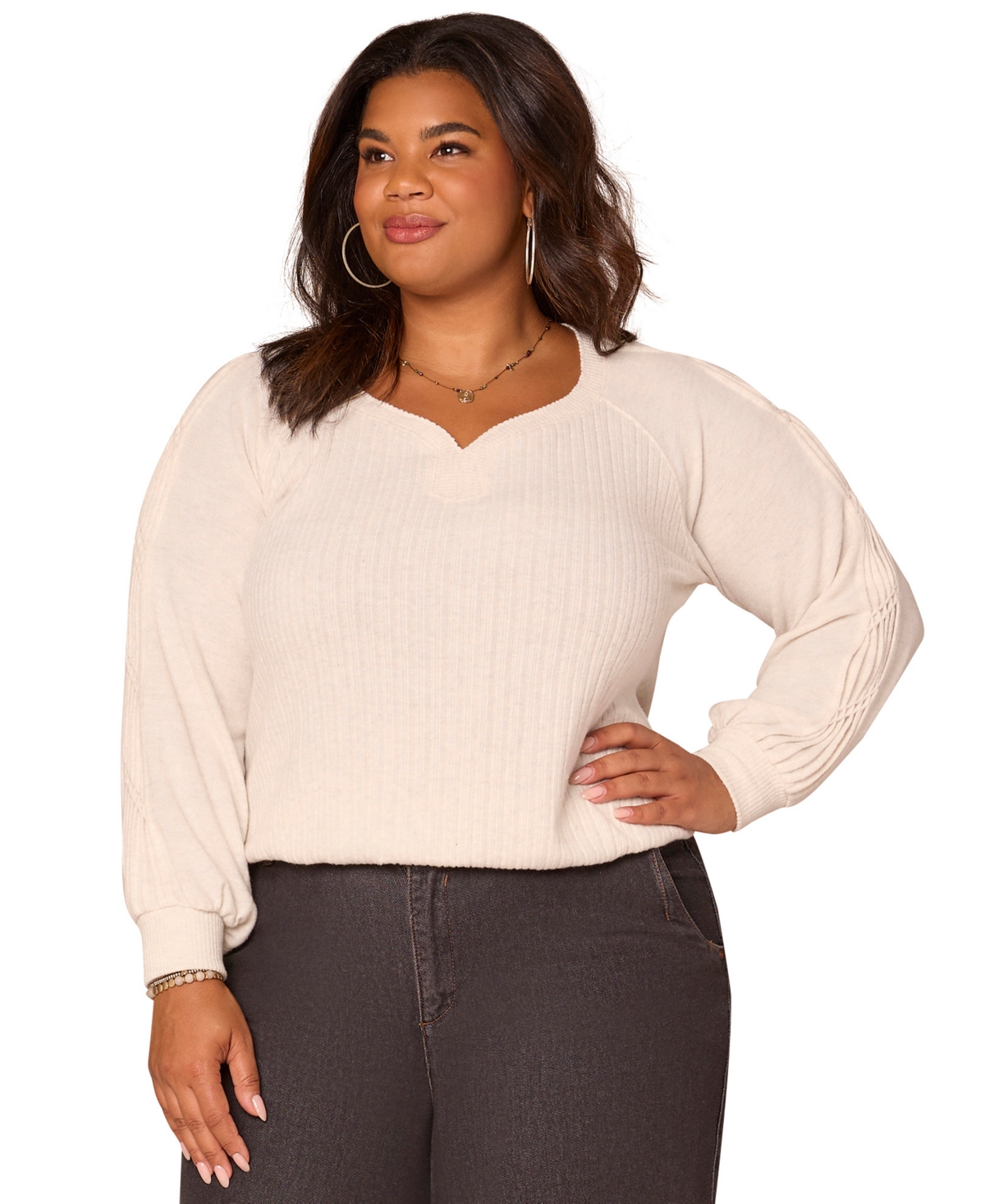 Democracy Plus Size Long Sleeve Cased Hem Knit Top In Pink