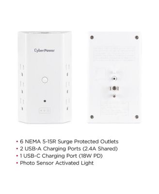 P6WUCL 6-Outlet Wall Mount Surge Protector with USB and Night Light