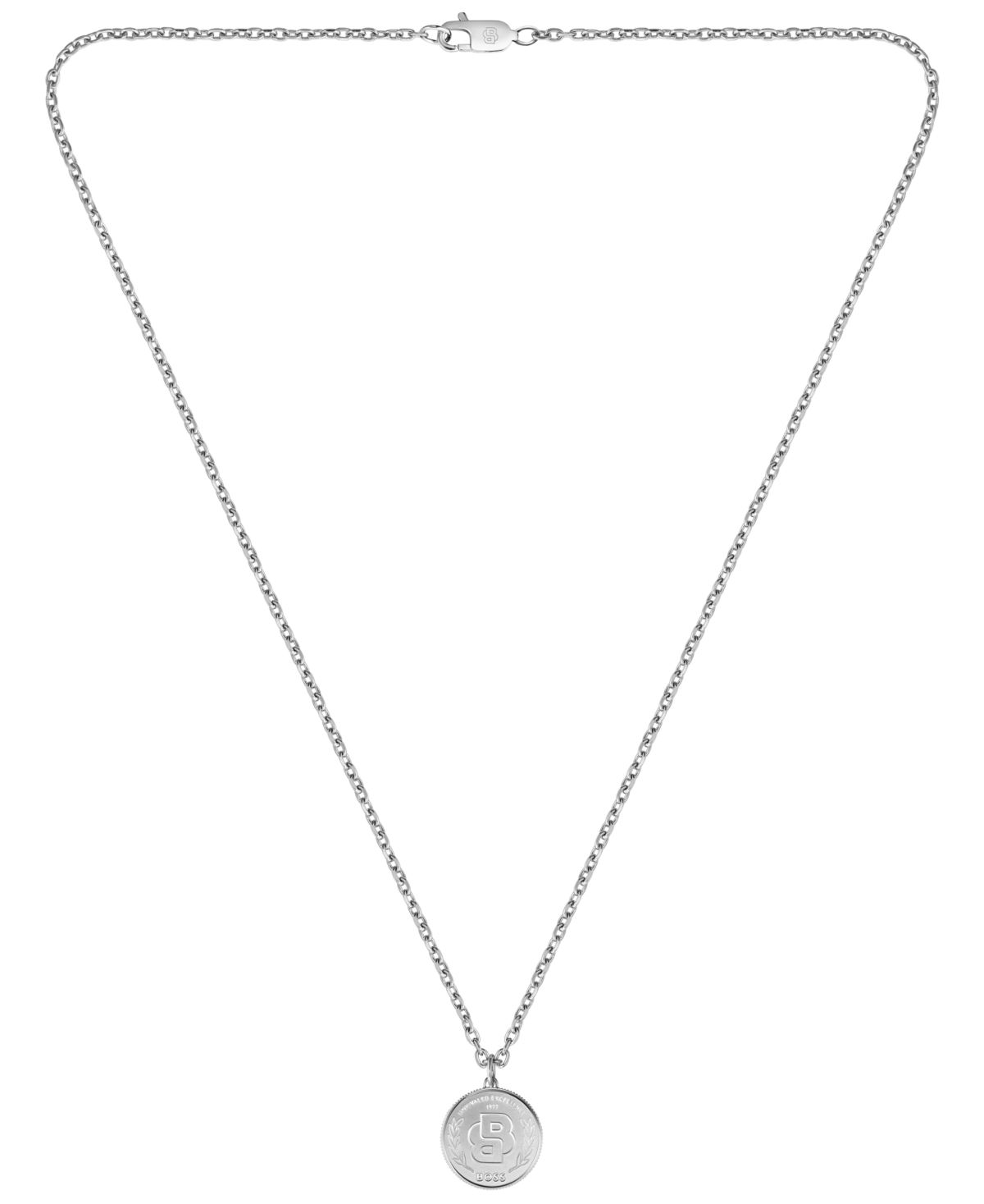 Hugo Boss Double B Coin Ionic Plated Black Stainless Steel Necklace In Silver
