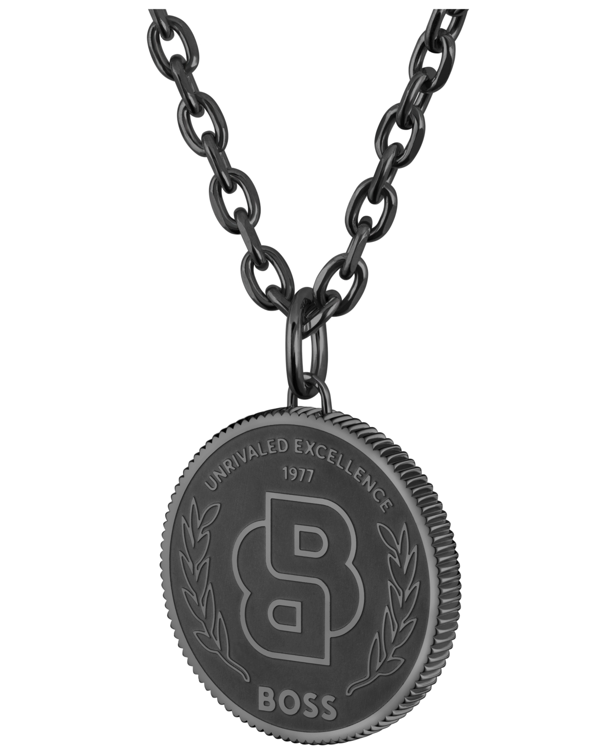 Hugo Boss Double B Coin Ionic Plated Black Stainless Steel Necklace In Black