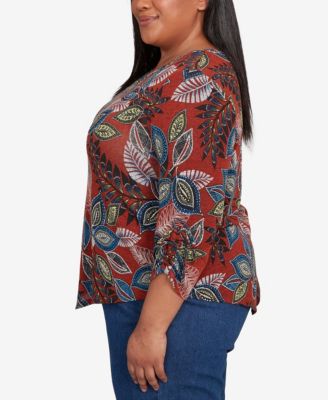 Plus Size Sunset Canyon Batik Leaves M&eacute;lange Asymmetrical Top