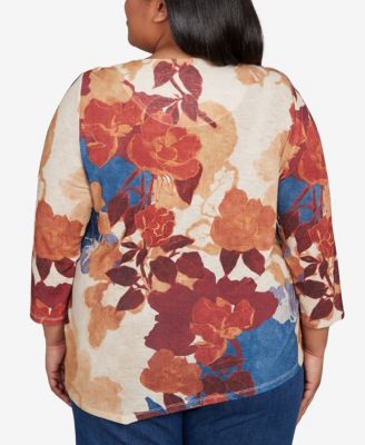 Plus Size Sunset Canyon Dramatic Abstract Floral Asymmetrical Top