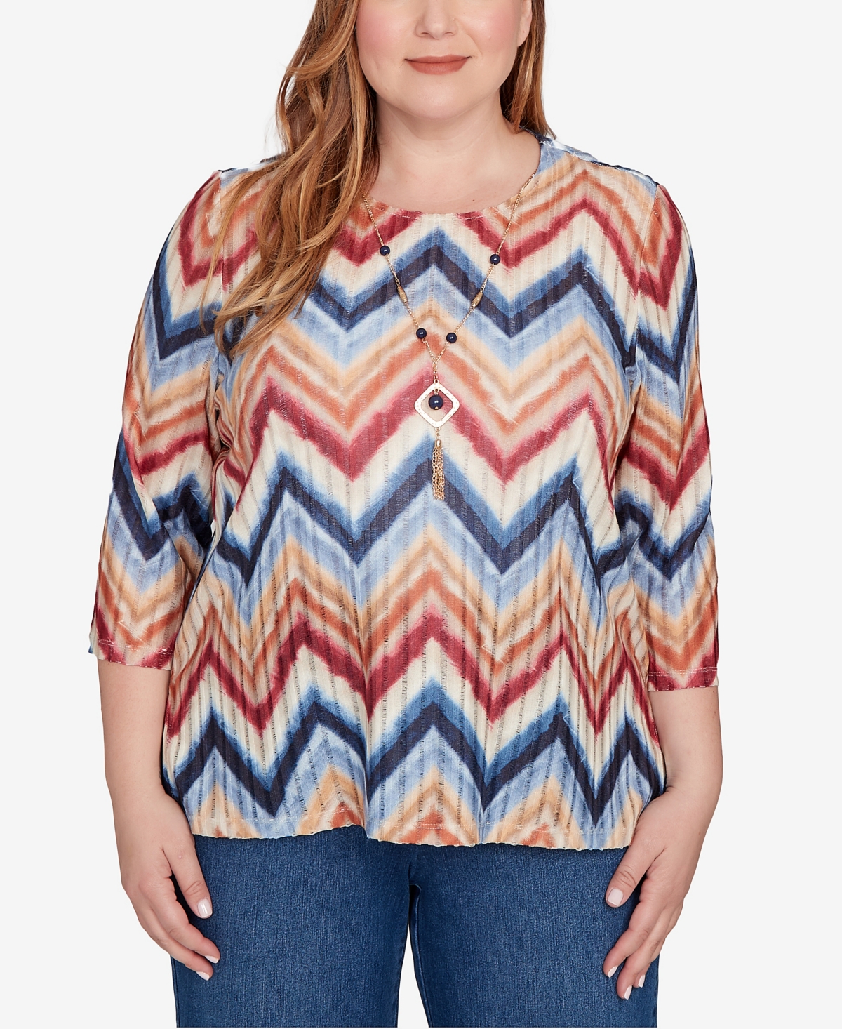 Alfred Dunner Plus Sunset Canyon Textured Knit Chevron Top with Necklace