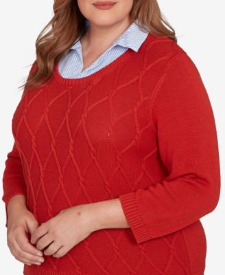 Plus Size Sunset Canyon Stitched Cable Stripe Woven Trim Sweater