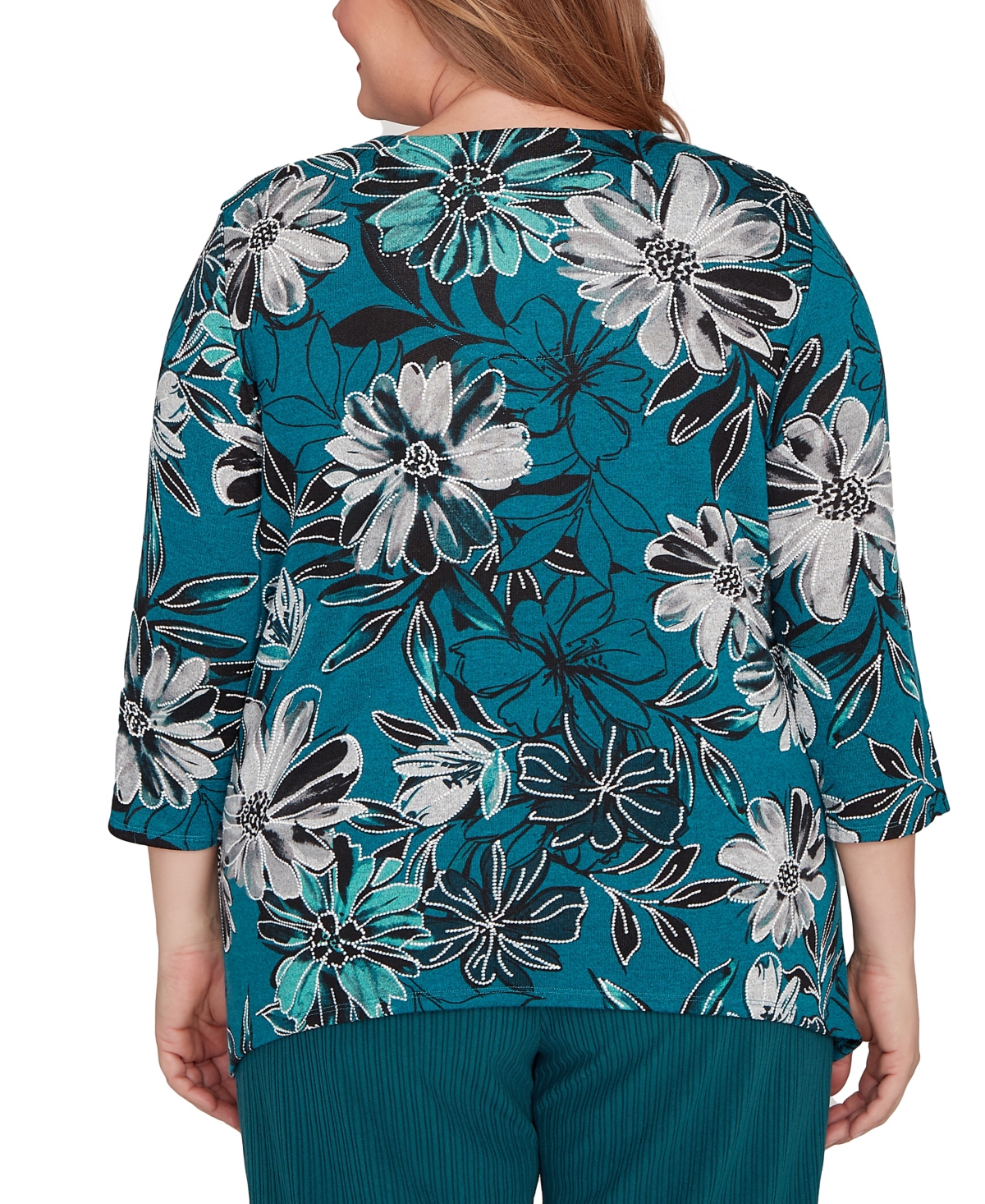 Alfred Dunner Plus Size Lake Champlain Floral Printed Beaded Neck Top In Blue