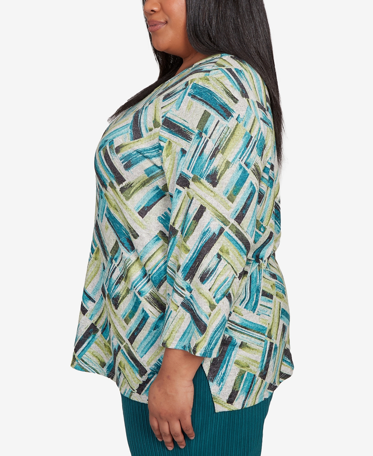 Alfred Dunner Plus Size Lake Champlain Detailed V Neck Brushstroke Top In Multi