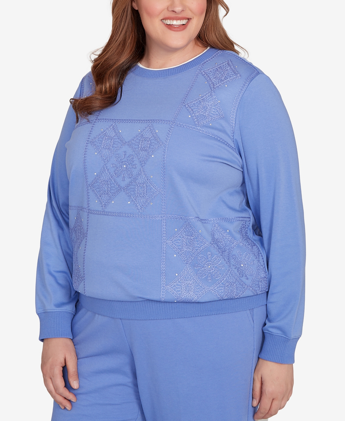 Alfred Dunner Plus Size Casual Vibe Embroidered Patchwork Long Sleeve Top In Blue