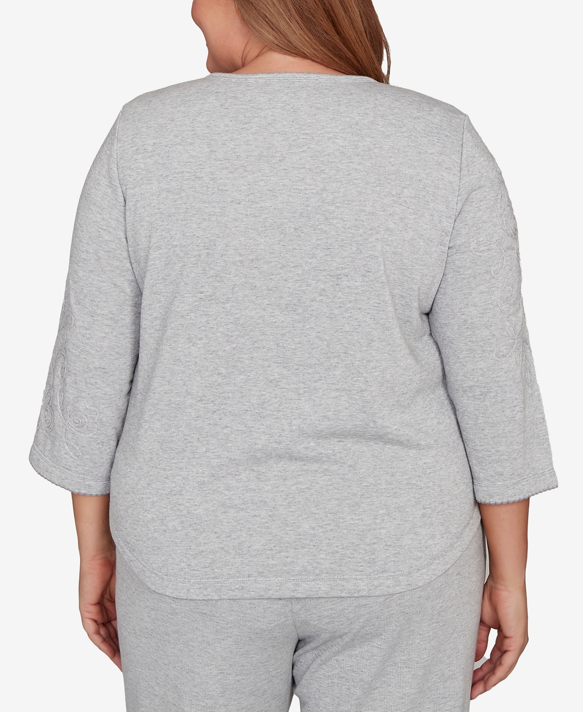 Alfred Dunner Plus Size Casual Vibe Asymmetrical Floral Embroidered Detail Top In Gray