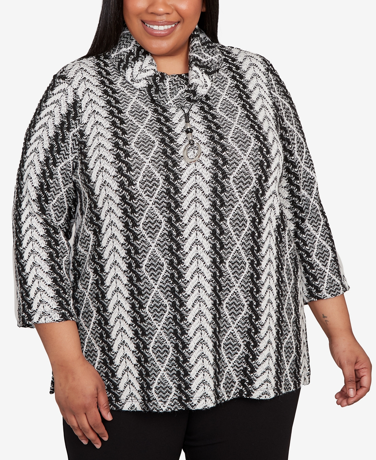 Alfred Dunner Plus Size Jet Setter Cable Jacquard Knit Top With Necklace In Gray