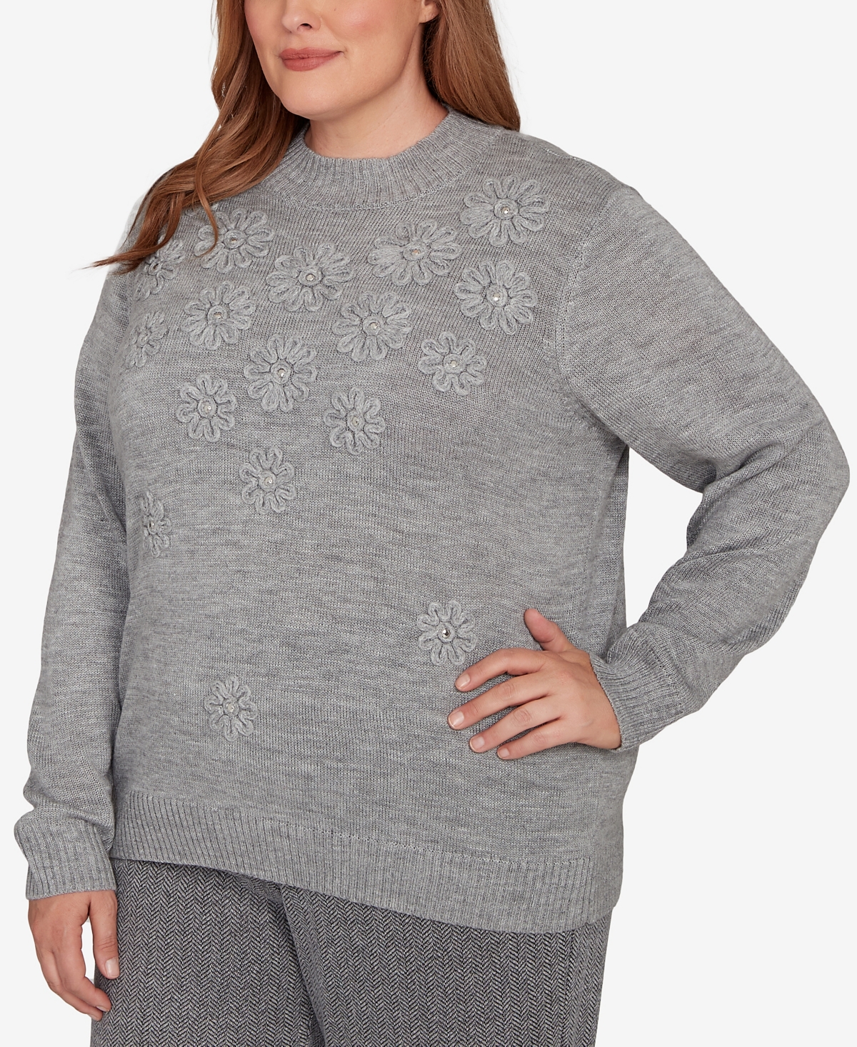 Alfred Dunner Plus Size Jet Setter Floral Soutache Embroidered Sweater In Gray