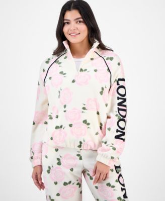 Rebellious One - Juniors' London Rose-Print Fleece Half-Zip Top