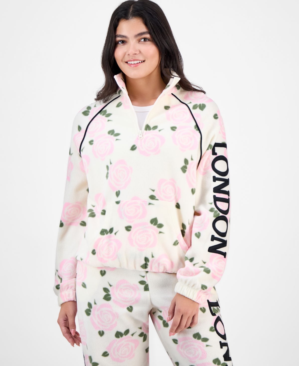 Rebellious One Juniors' London Rose-Print Polar Fleece Half-Zip Top