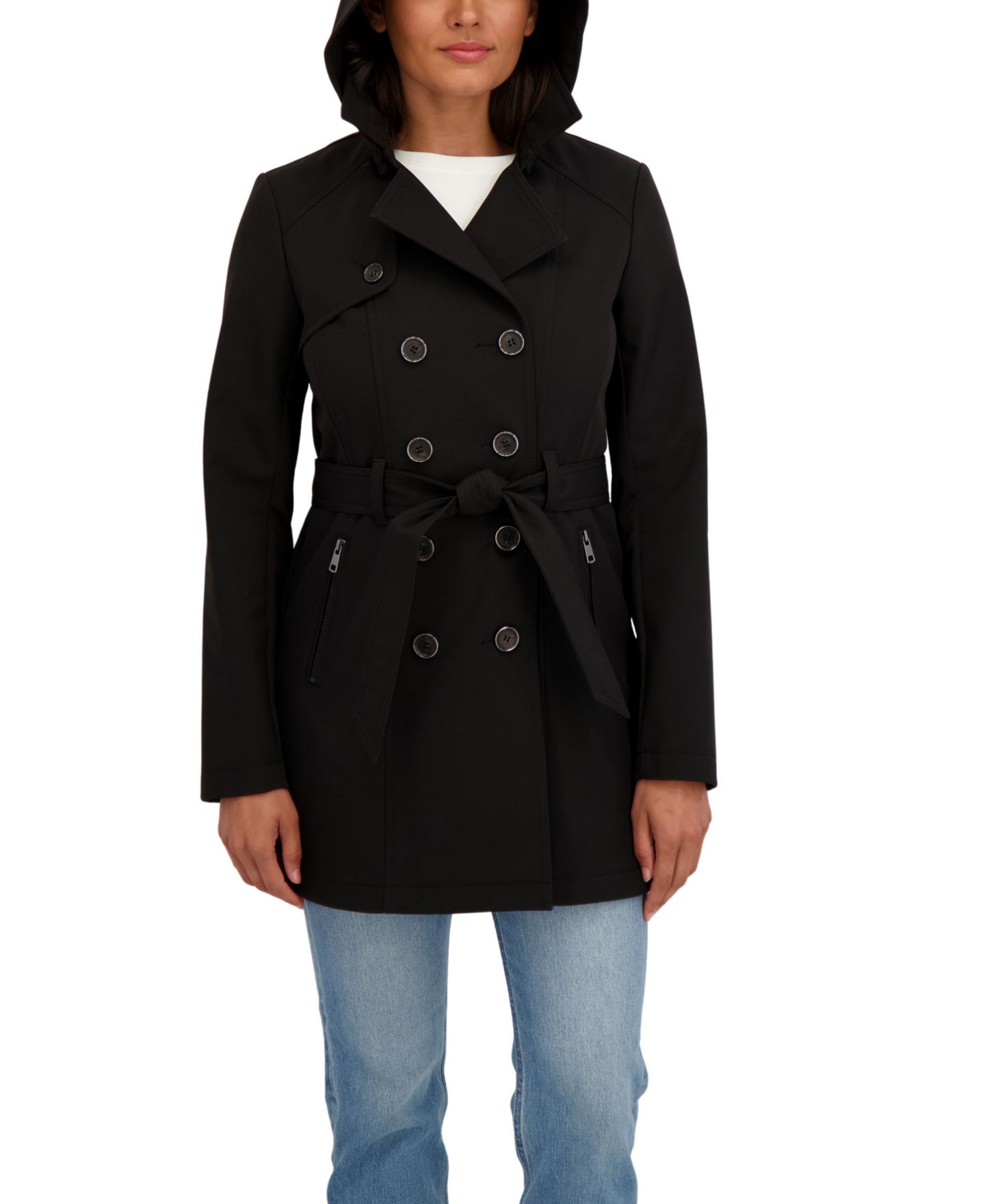 Женское пальто Sebby Collection Belted Double Breasted Soft Shell Trench Coat With Detachable Hood, цвет: Чёрный — фото 4