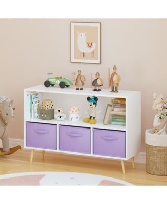 35 in. Wide White/Purple Kids Bookcase with Collapsible Fabric Drawers, Children's Book Display, Toy Storage Cabinet