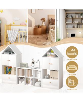 White Wood Children's Bookshelf with House-Shaped Design with Adjustable Placement for Playroom or Bedroom