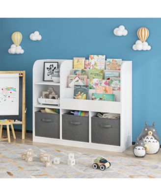 36 in. Wide White/Gray Multifunctional Kids Bookcase and Bookshelf with 3 Collapsible Fabric Drawers Bookcase Display Stand