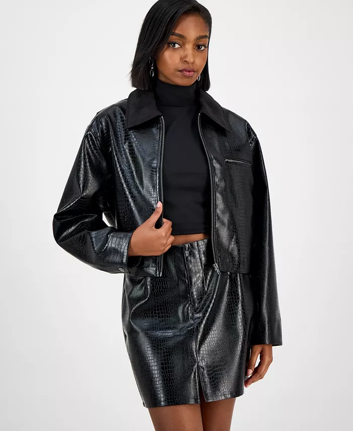 Women's Embossed Faux Leather Cropped Jacket