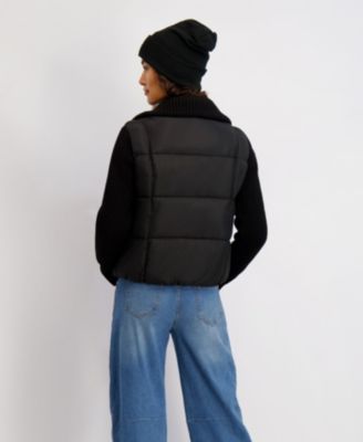 Women's Mixed Media Short Puffer with Knit Sleeves & Collar