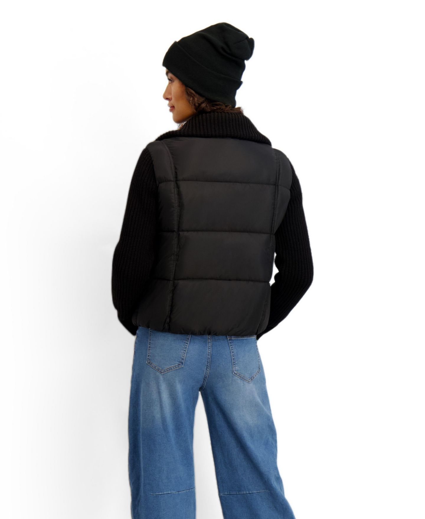 Женская куртка Kensie Mixed Media Short Puffer with Knit Sleeves & Collar, цвет: Чёрный — фото 3