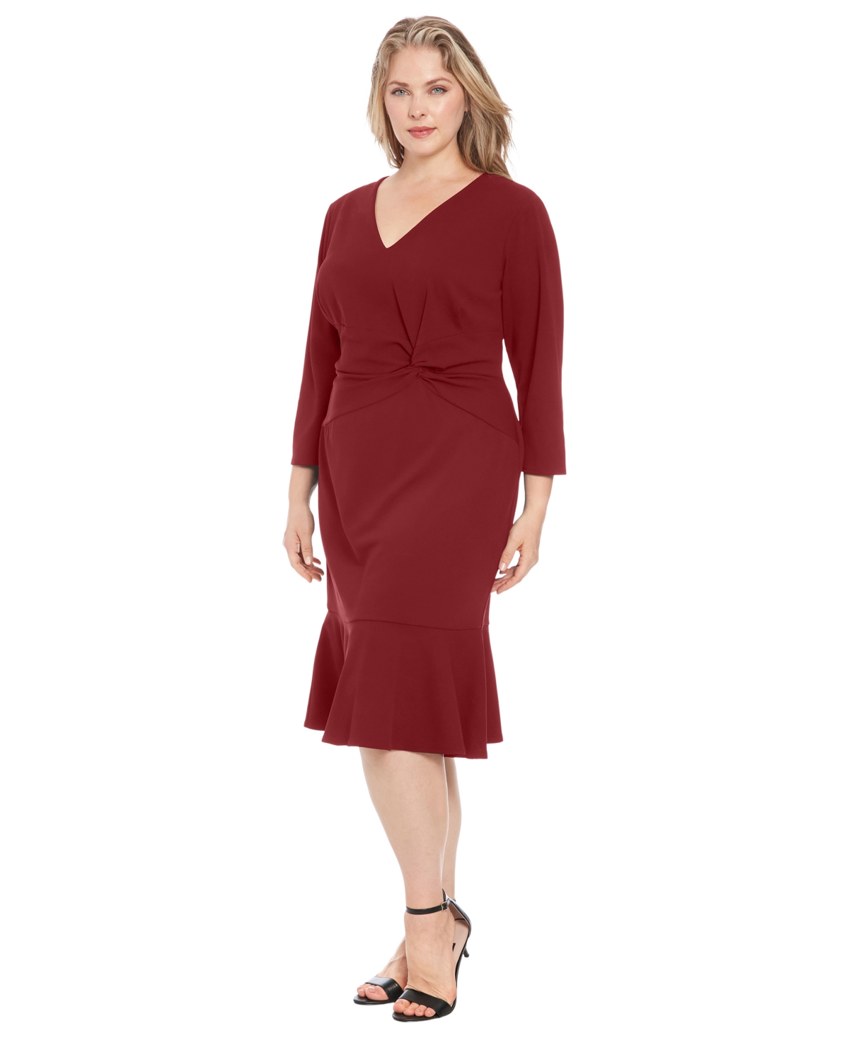 London Times Petite Side-knit 3/4-sleeve Midi Dress In Burgundy