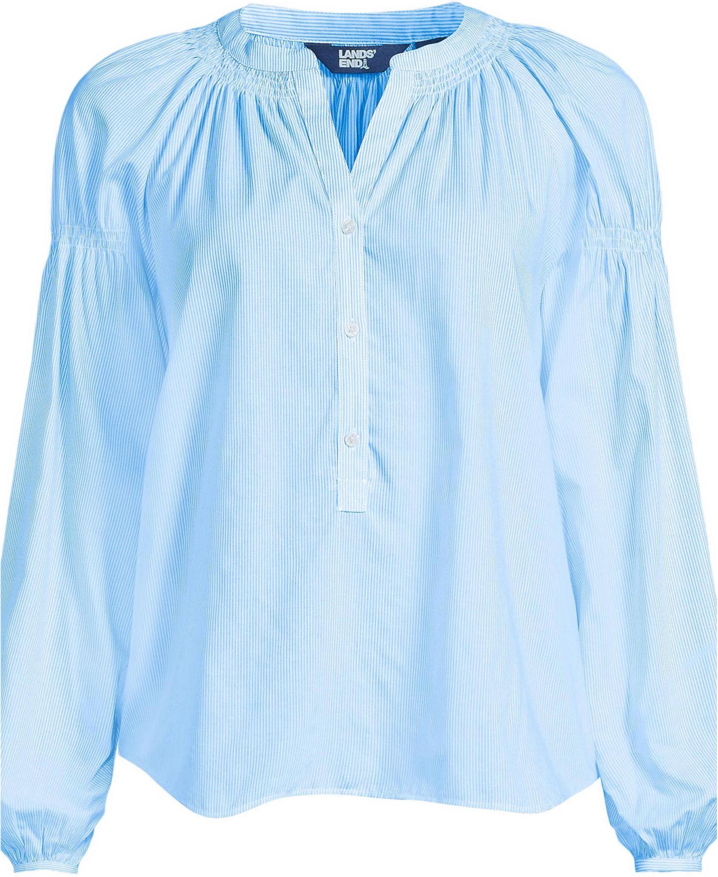 Женский топ Lands' End Cotton Voile Long Sleeve Raglan Smocked, цвет: Синий / Белый — фото 3