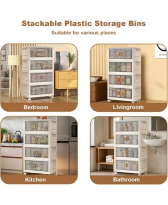 Stackable Storage Bins With Lids, 4-Tier Folding Storage Box,With Doors and Wheels, Collapsible Plastic Storage Bins- for Clothing, Toys