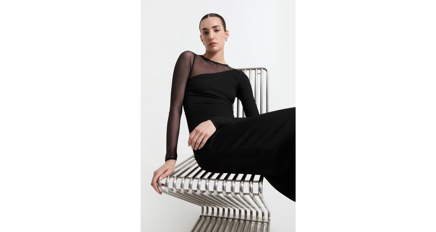 Women's Milo Mesh-Sleeve Column Midi Dress with Back Slit