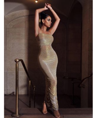 Women The Glint Gold Ruched Chiffon Long Maxi Dress