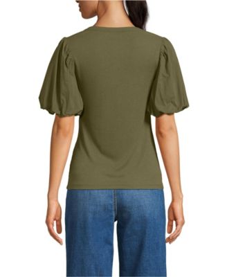 Women's Petite Drapey Rib Puff Sleeve Scoop Neck Top