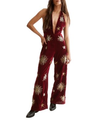 Women's Star Embellished Velvet Halter Jumpsuit
