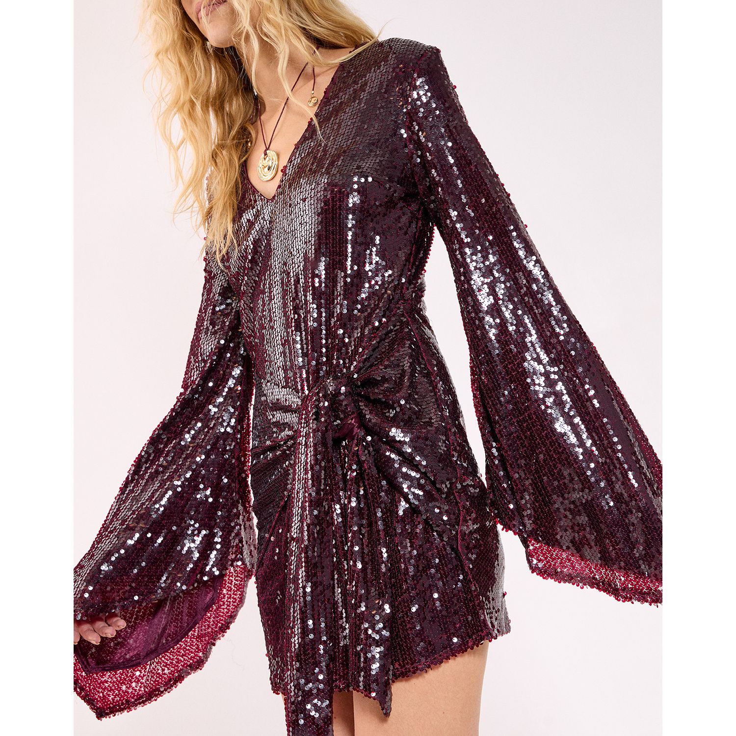 Women's Flared Sleeve Tie Front Mini Dress