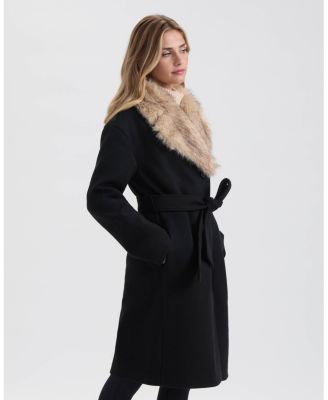 Women's Long Faux Wool Coat with Detachable Faux Fur Collar