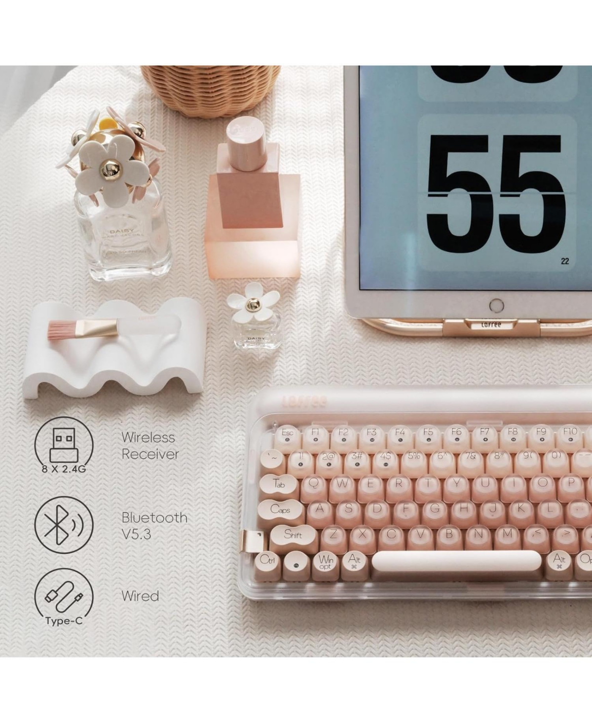 Lofree Dot Foundation Mechanical Keyboard & Pbt Mouse Set, 75% Hot-Swappable Keyboard with 3 Connection Modes, Pink Gateron Baby Racoon Switches