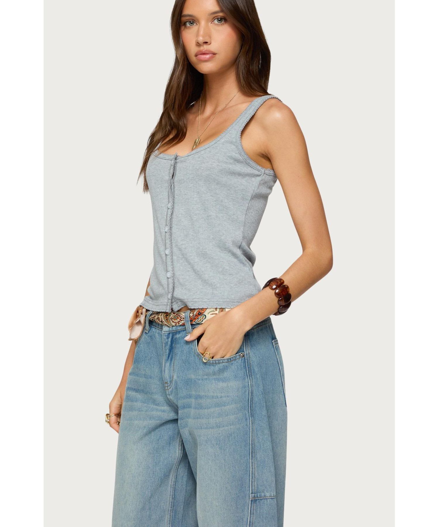 Womens Gwenne Pointelle Button Up Tank Top