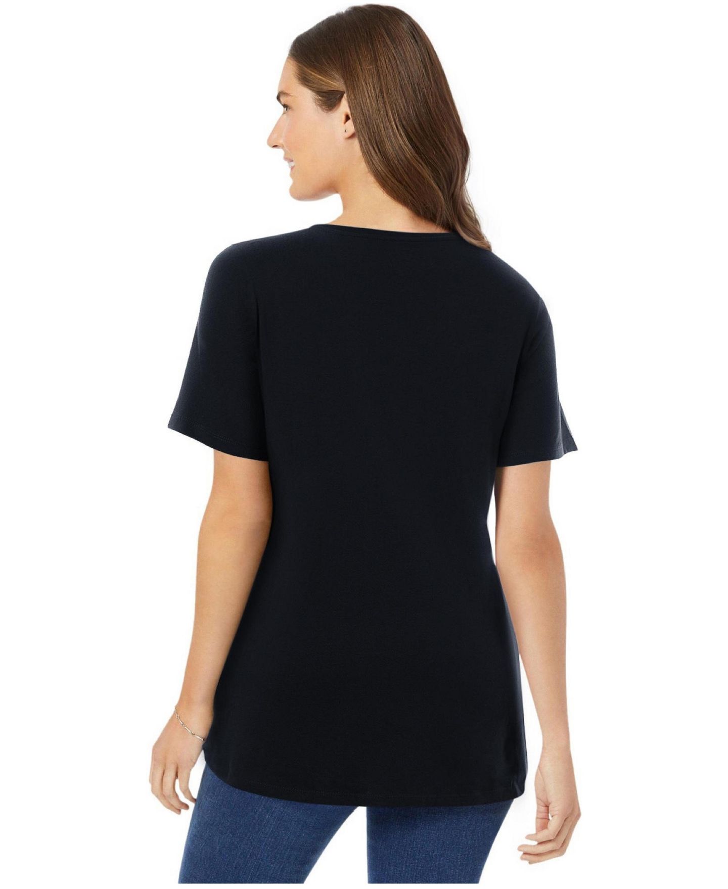 Женские топы Woman Within Plus Size Within Perfect Short-Sleeve V-Neck Tunic Tops, цвет: Чёрный — фото 3
