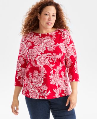 Style & Co - Plus Size Printed Cotton Knit 3/4-Sleeve Top