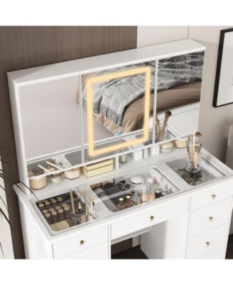 Glass Top 9-Drawers and 3-Mirrors Makeup Vanity Desk ,Dressing Table , Hidden Storage Shelves, LED Lighted