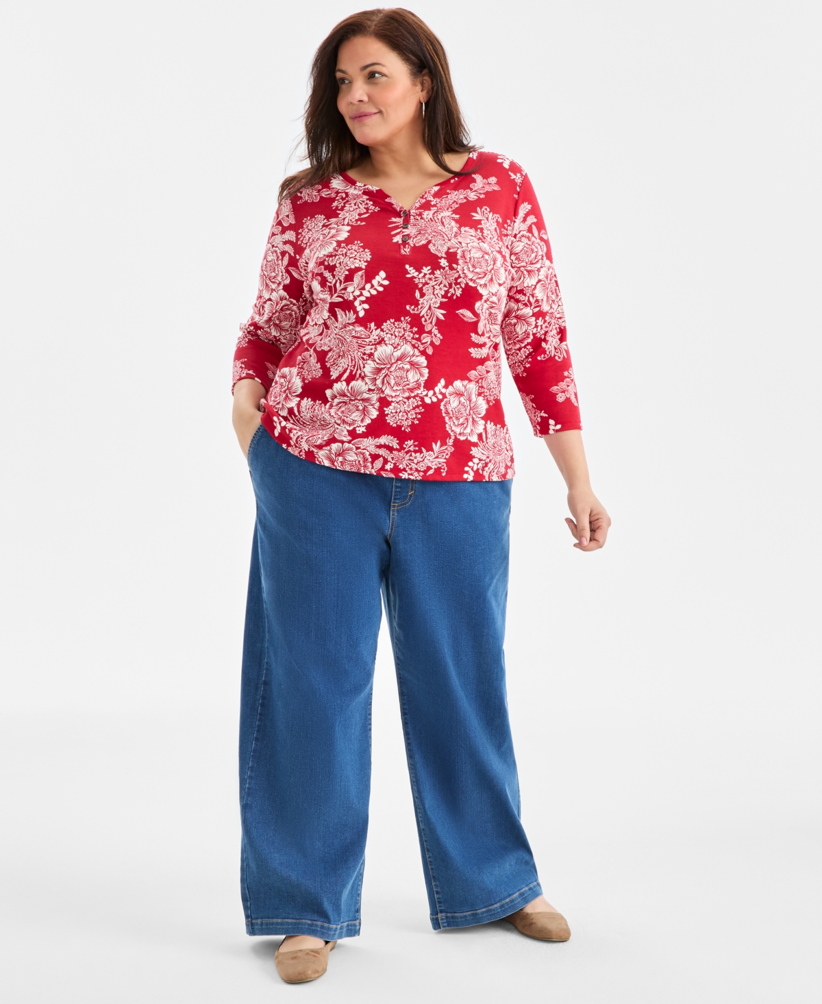 Style & Co Plus Size 3/4-sleeve Cotton Henley Top, Exclusively At Macy's In Red