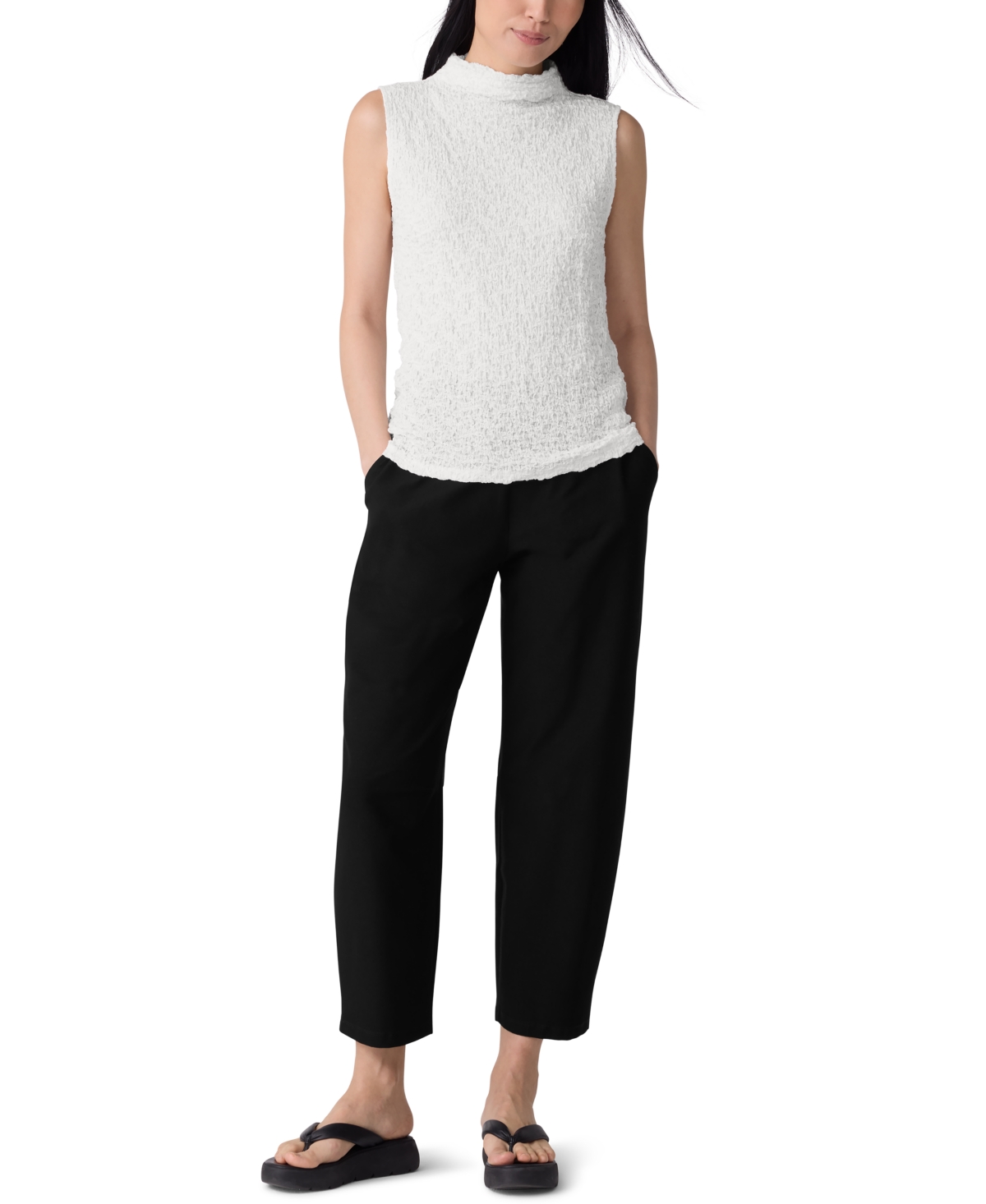 Eileen Fisher Bubble Jacquard Funnel Neck Top In White