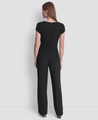 Women's Short Sleeve Rib Knit Waist Tie Detail Top