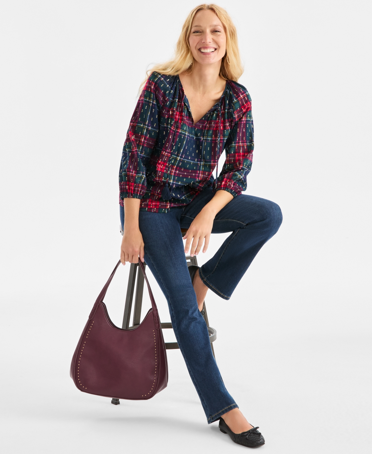 Style & Co Women's Plaid 3/4 Sleeve Split Neck Top With Lurex, Macy's Exclusive In Multi
